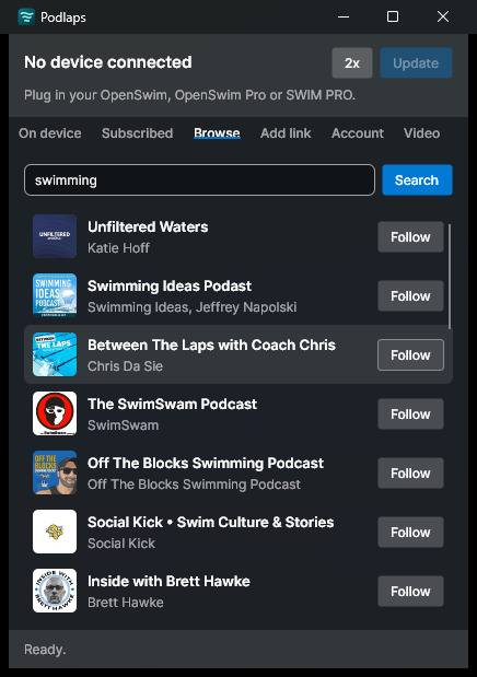 The Browse tab showing Apple Podcasts results for a search on swimming, each with a Follow button