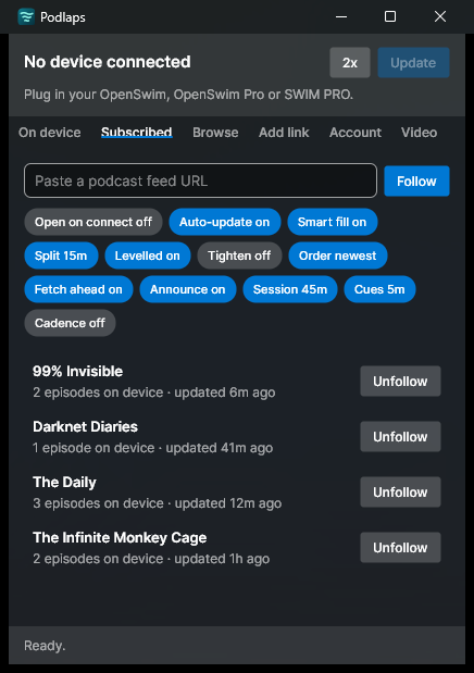 Podlaps showing four followed podcasts with episode counts, and the workout pills along the top - split, levelled, tighten, session, cues and cadence